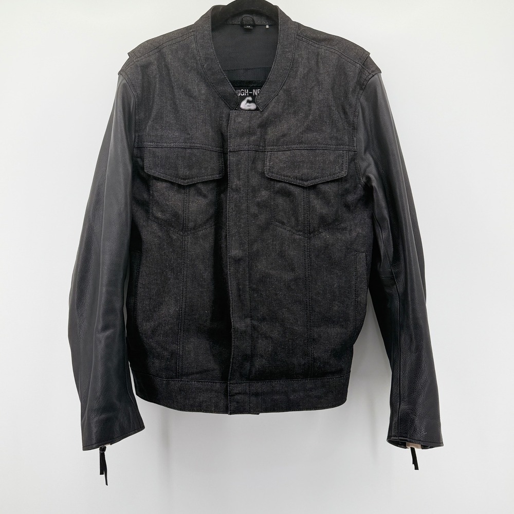 First Mfg Co Rough-Neck 14oz Raw‎ Denim Leather Sleeve Motorcycle Jacket Mens M
